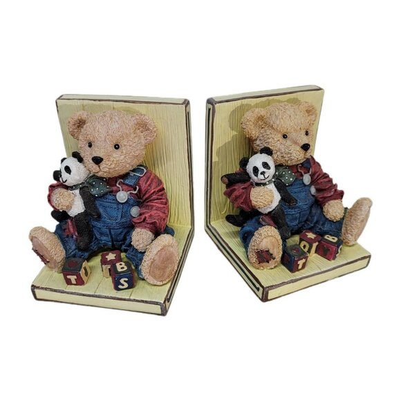 Blue Jean Teddy Bear Bookends Hand Painted Heavy Resin Decor Nursery Y2K Cute!! - Picture 1 of 8